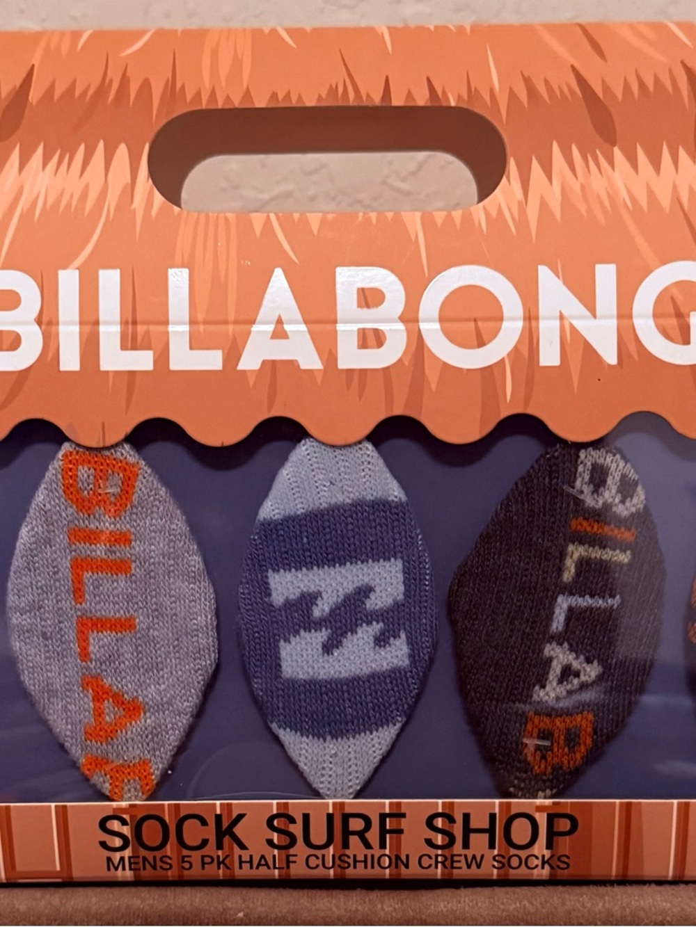 Billabong Men’s 5-Pack Half Cushion Crew Socks - Blue, Gray, Black, Orange